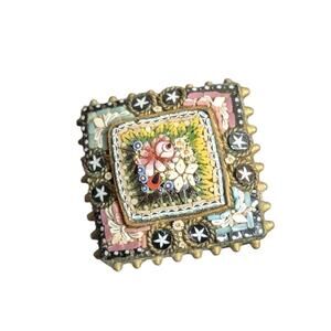 Antique Micro Mosaic Italian 19th Century 7/8" Square Brooch W/ Broken Off Hook